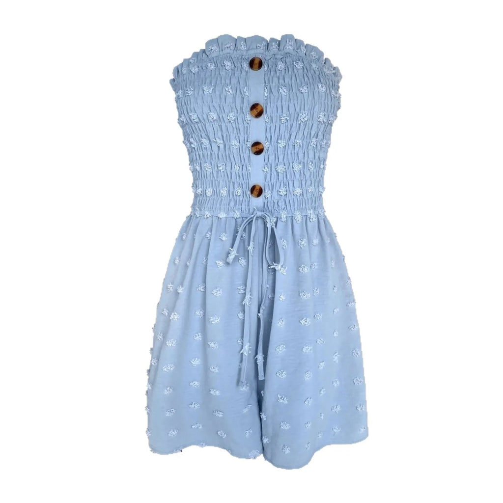 Blue sleeveless off-shoulder women's jumpsuit with button detail and mid waist fit