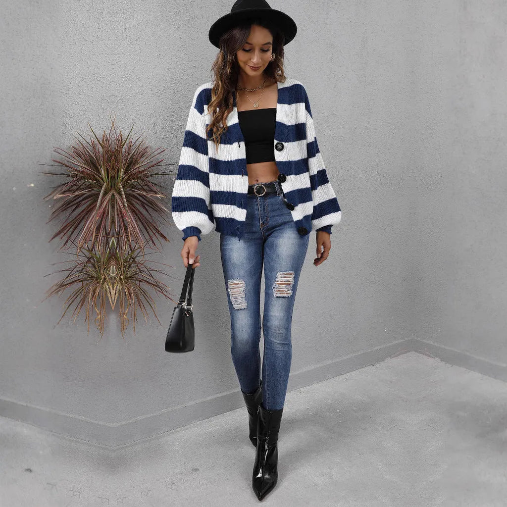 Women's striped cardigan in deer plush polyester with button front and woven stitching detail