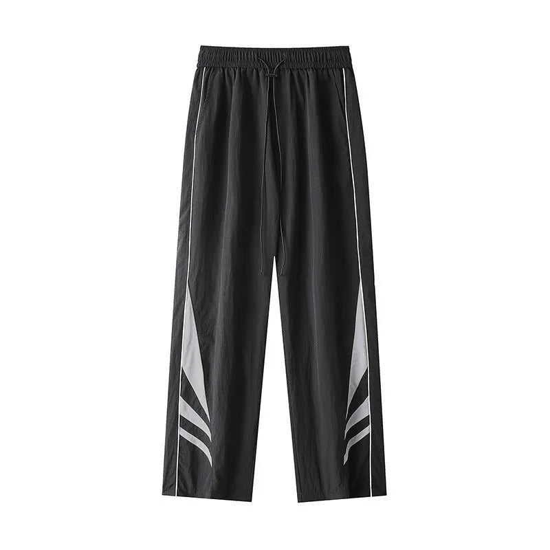 Men's grey straight-leg casual trousers with a stretch waistband on a hanger.