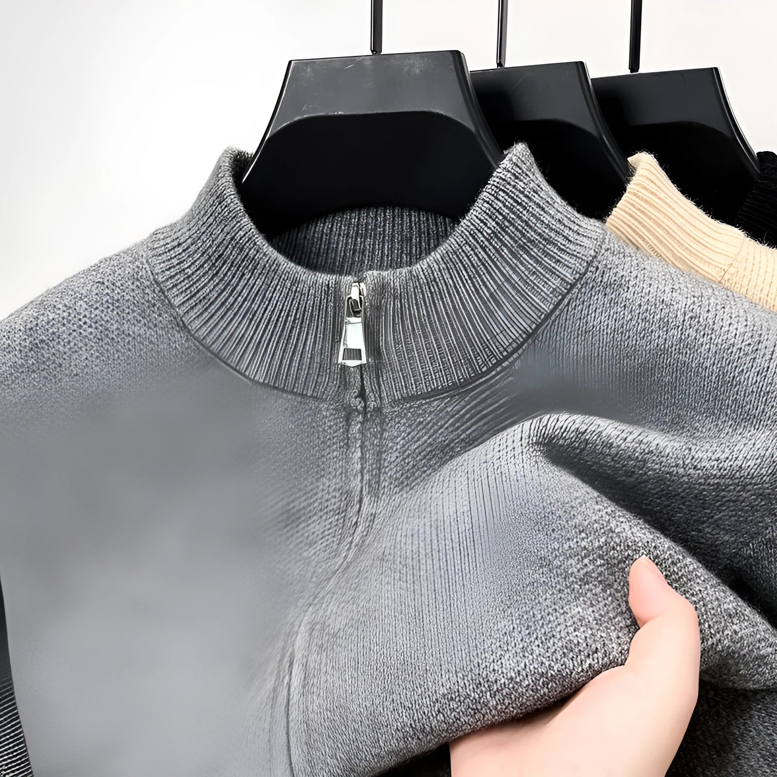 Men's black stand collar knitted cardigan with front zip closure in loose fit