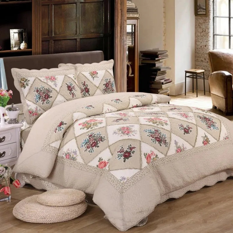Pure cotton quilted bedspread and pillowcase set in a chosen pattern, laid flat on a bed.