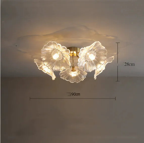 White and purple flower ceiling lamp with multiple heads and three light colour options