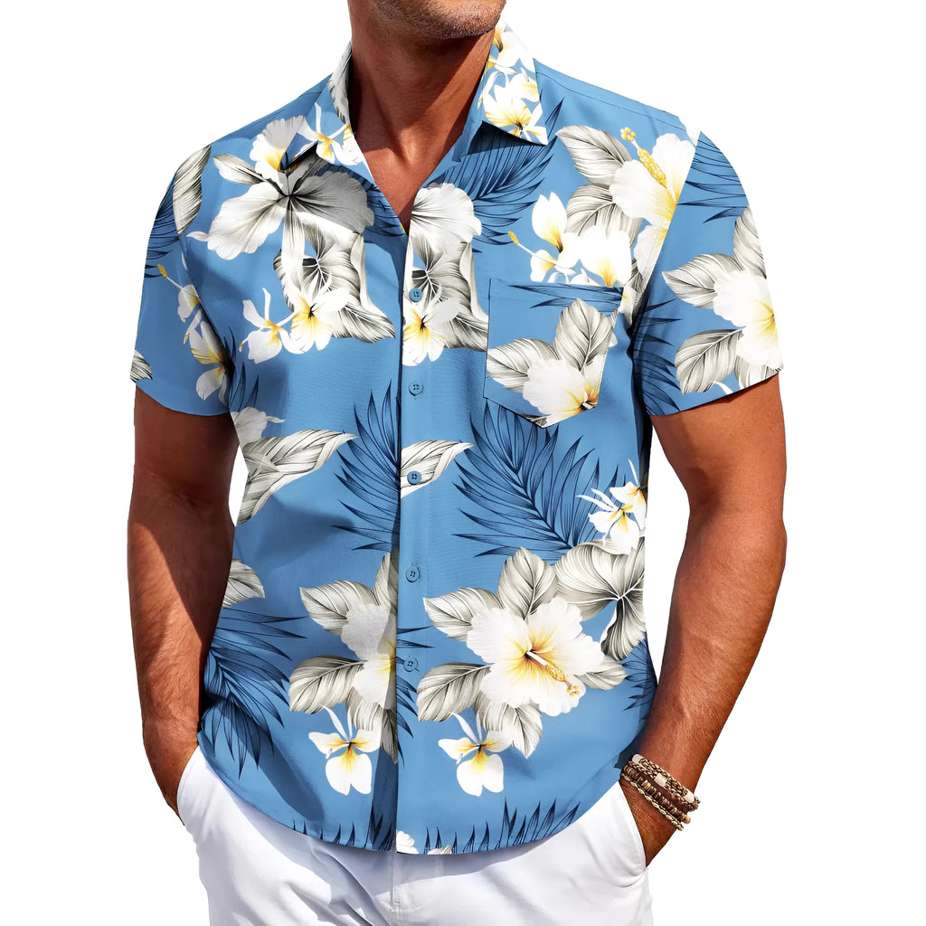 Men's slim fit Hawaiian shirt with short sleeves in elastic polyester fabric