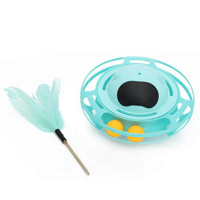 Pink cat toy tumbler turntable with self-hi motion and push lever for interactive pet play