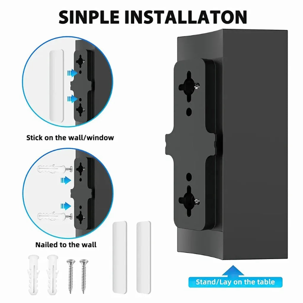 Black plastic digital TV antenna measuring 18cm with mounting accessories including expansion tubes and screws