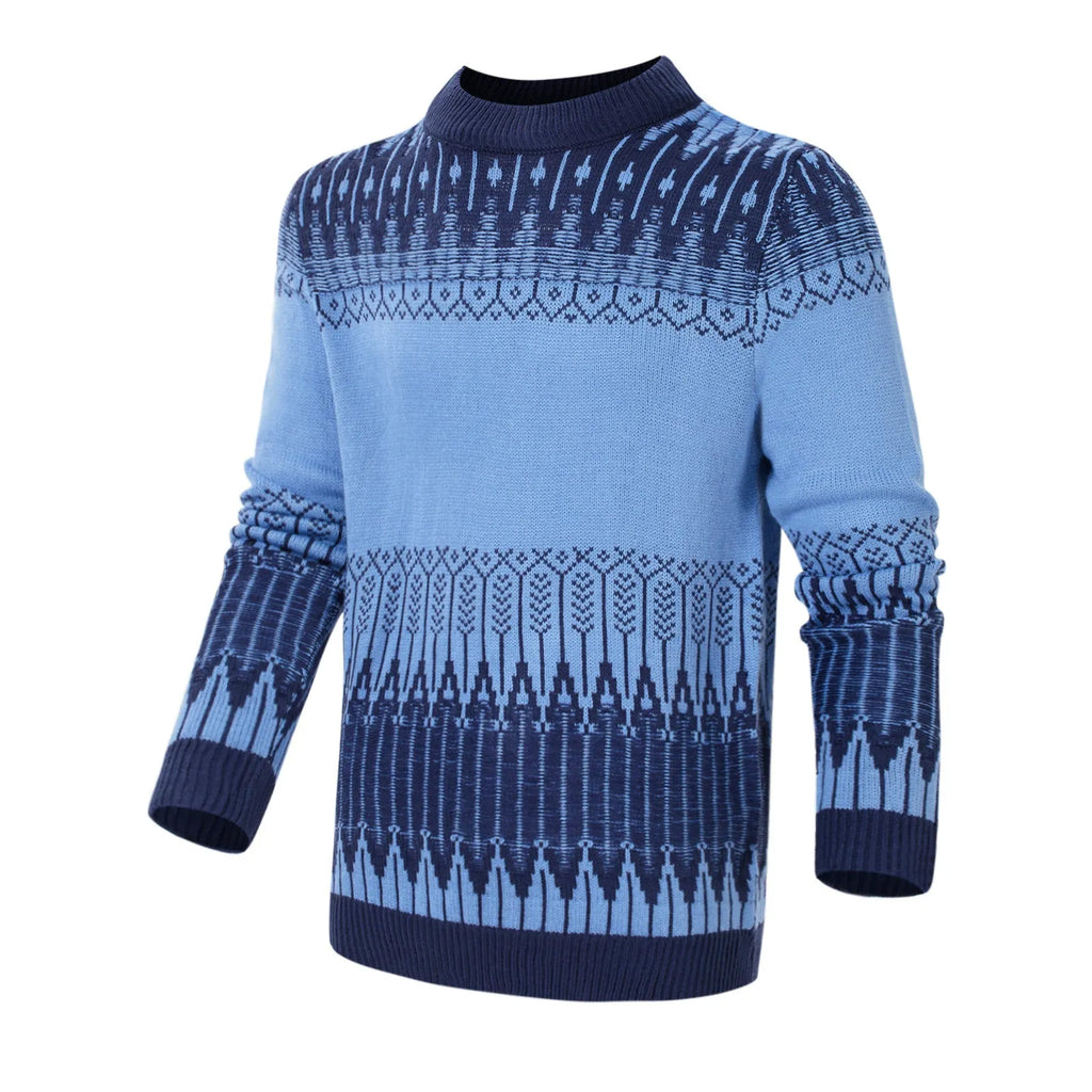Men's grey knitted crew neck pullover sweater on a hanger.
