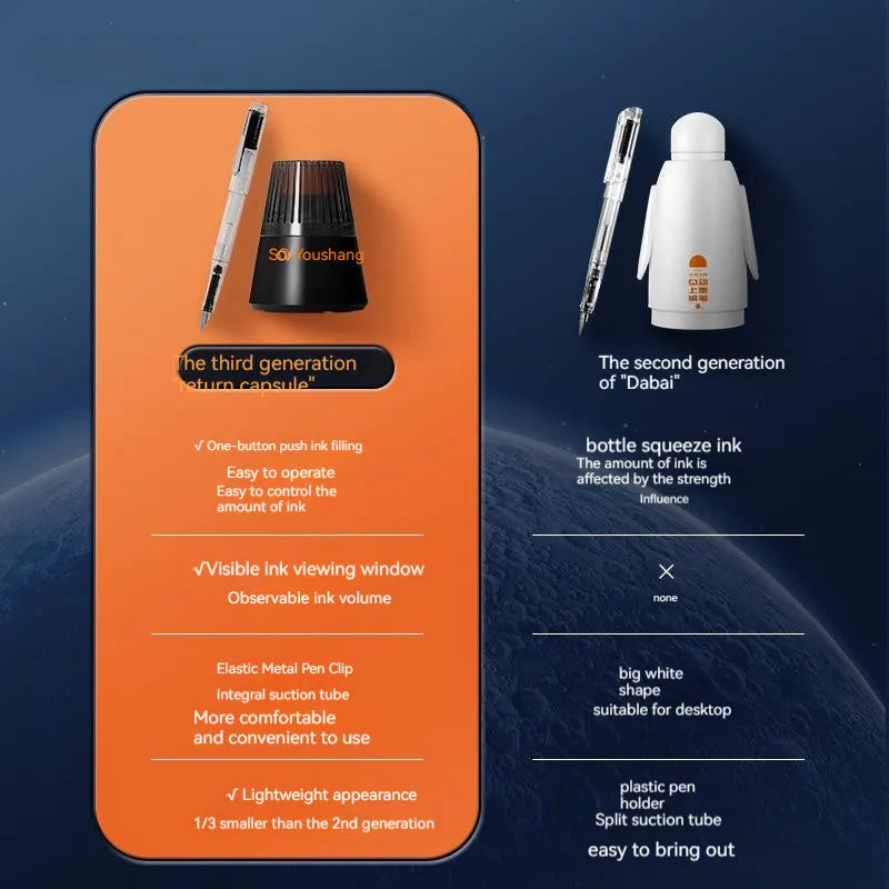 Automatic suction pen set with 0.38mm and 0.5mm pen heads, ink feeder with 40ml ink, plastic shell construction