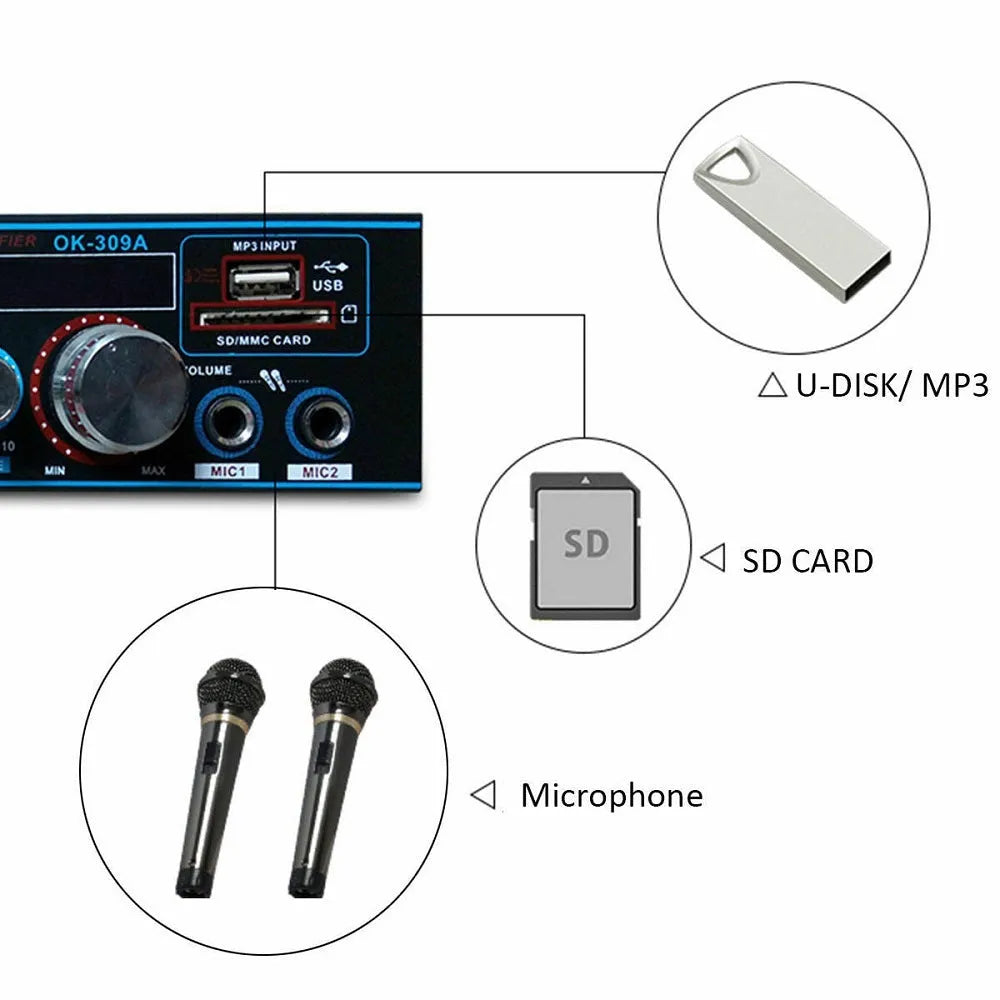 BT-309A-A black Bluetooth amplifier with recording function for home and car use