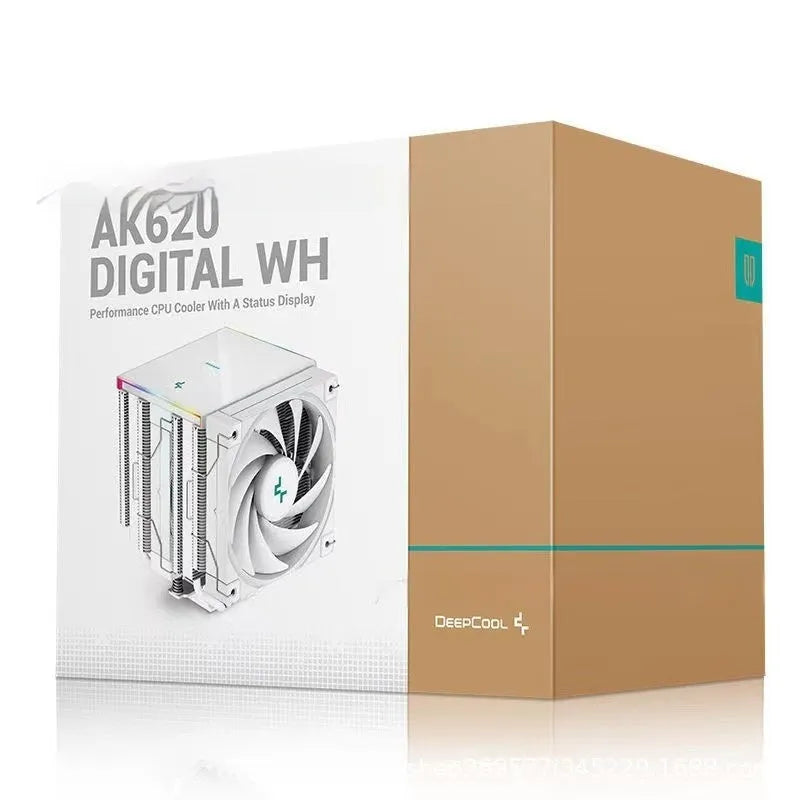 Deepcool Twin Tower CPU air cooler with digital temperature display showing black and white colour options