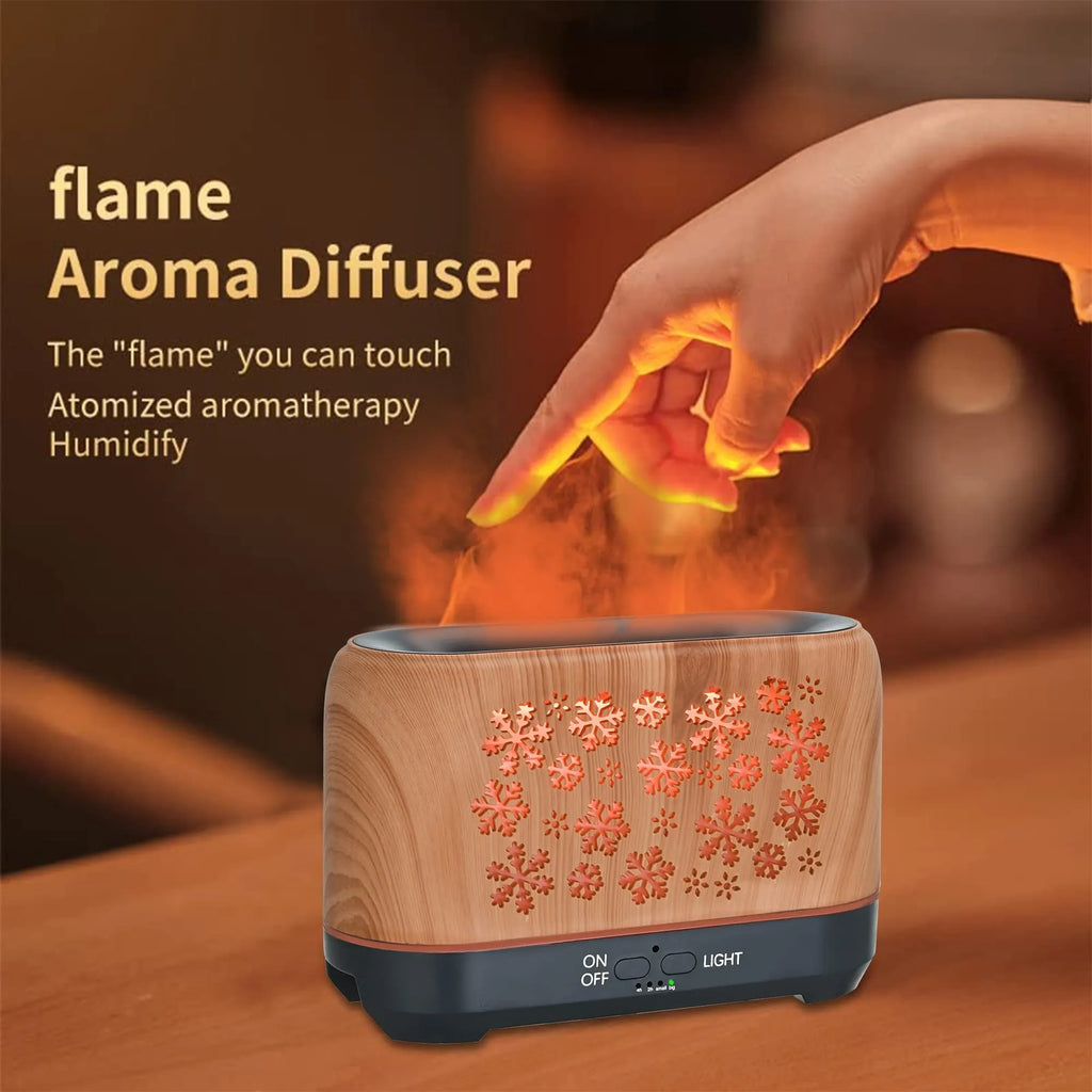 Square Christmas snowflake pattern aromatherapy diffuser with colourful flame effect lighting
