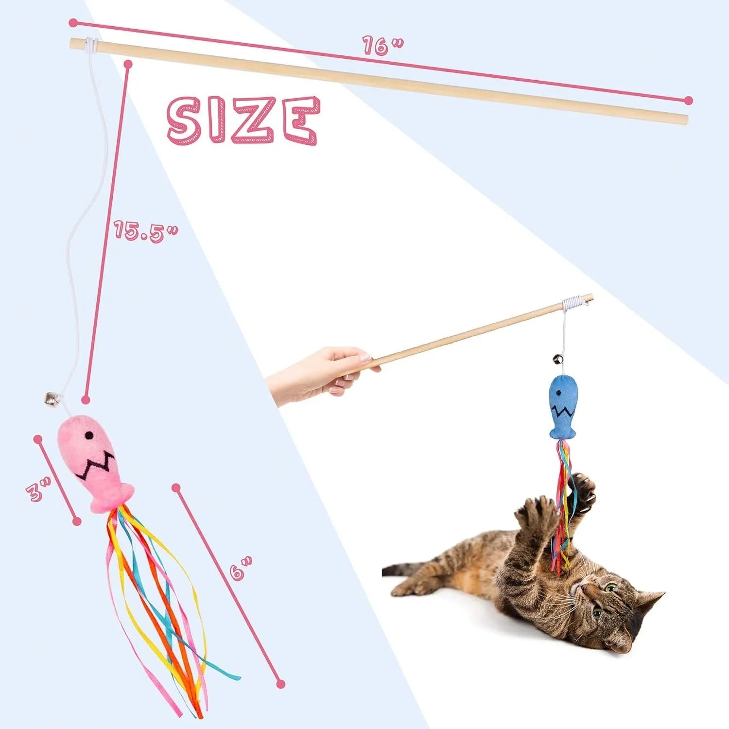 Interactive cat wand toy with wooden handle, colourful ribbons, catnip fish, and a bell.