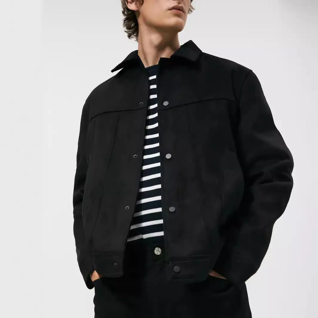 Men's black hooded casual jacket with a suede collar, shown on a model.