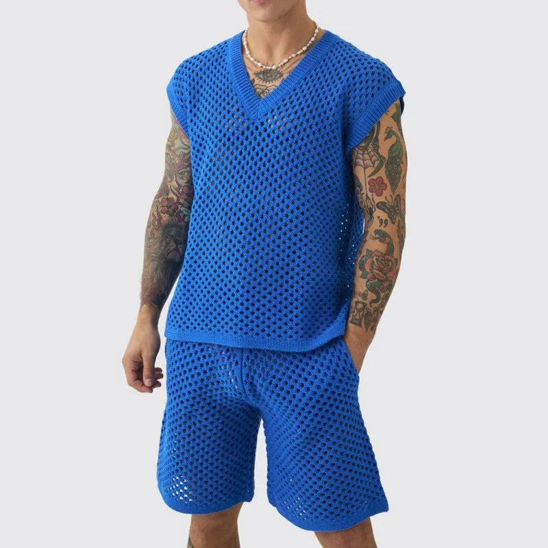 Men's blue V-neck vest and matching shorts summer sports suit