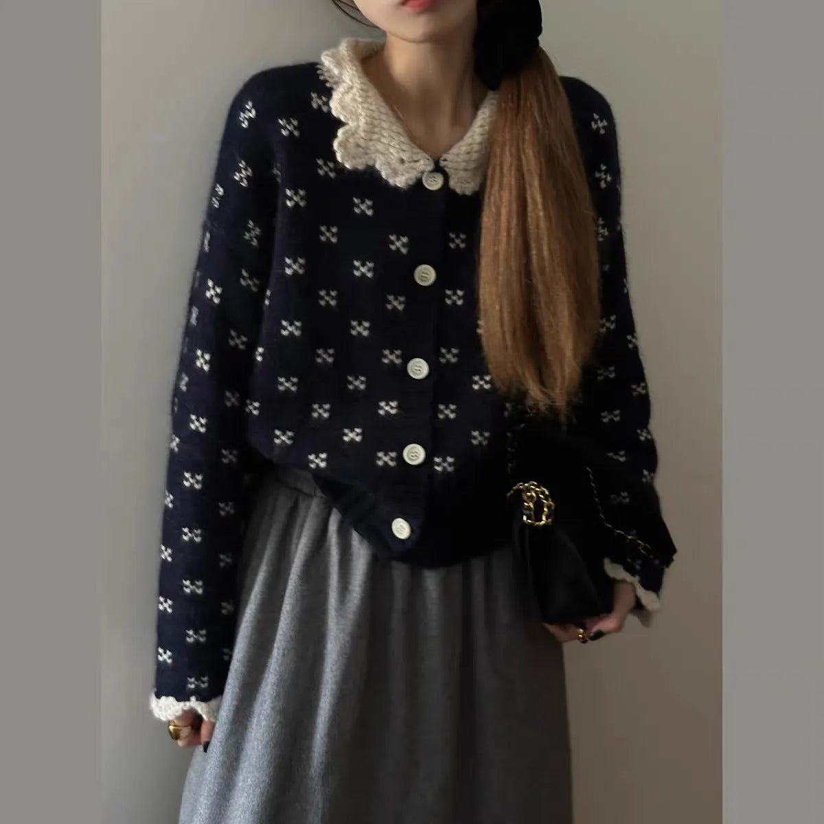 Retro Peter Pan collar floral patterned knitted cardigan coat in navy blue colour