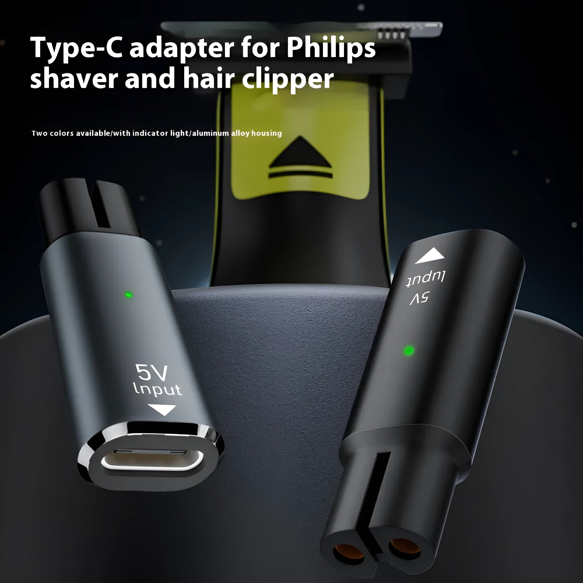 USB C charging adapter for electric shavers with aluminium alloy casing in black or grey
