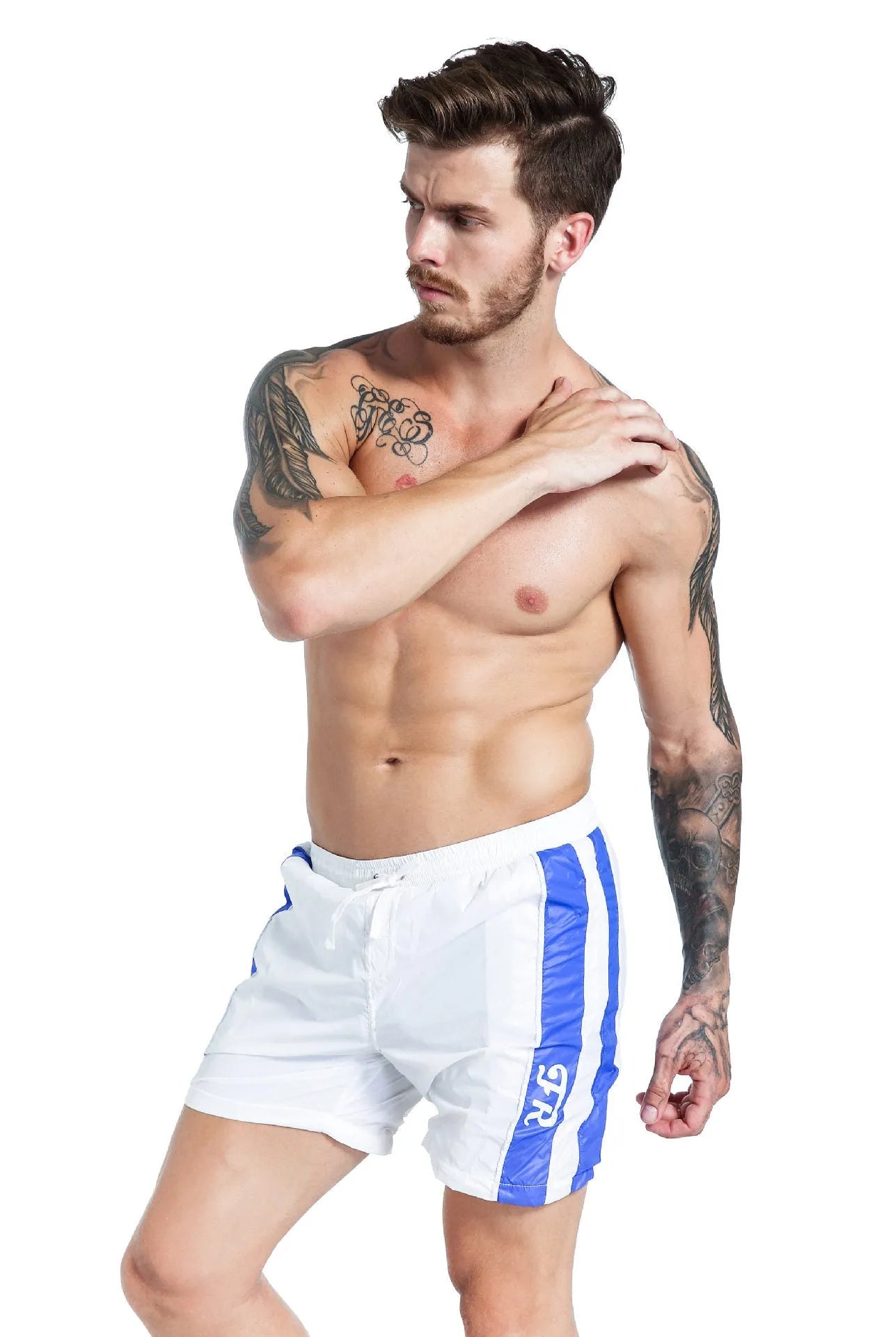 Men's blue stretch polyester sports shorts with lace-up front and slim fit.
