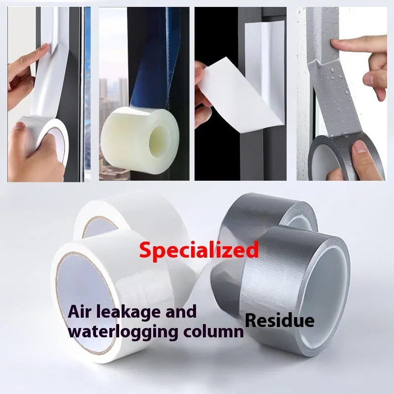 Roll of high-adhesion windproof sealing tape in silver grey, showing its width and length.