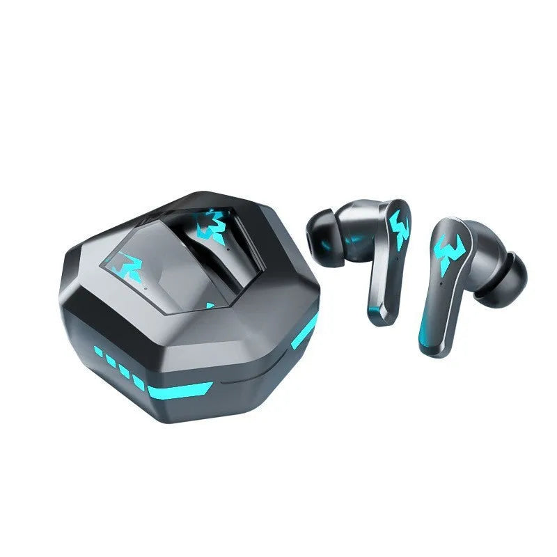 Black wireless Bluetooth stereo gaming headset with in-ear design and charging cable