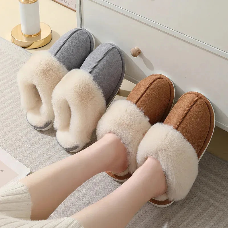 Brown women's plush indoor slippers with round toe, stitching detail, and flat non-slip sole.