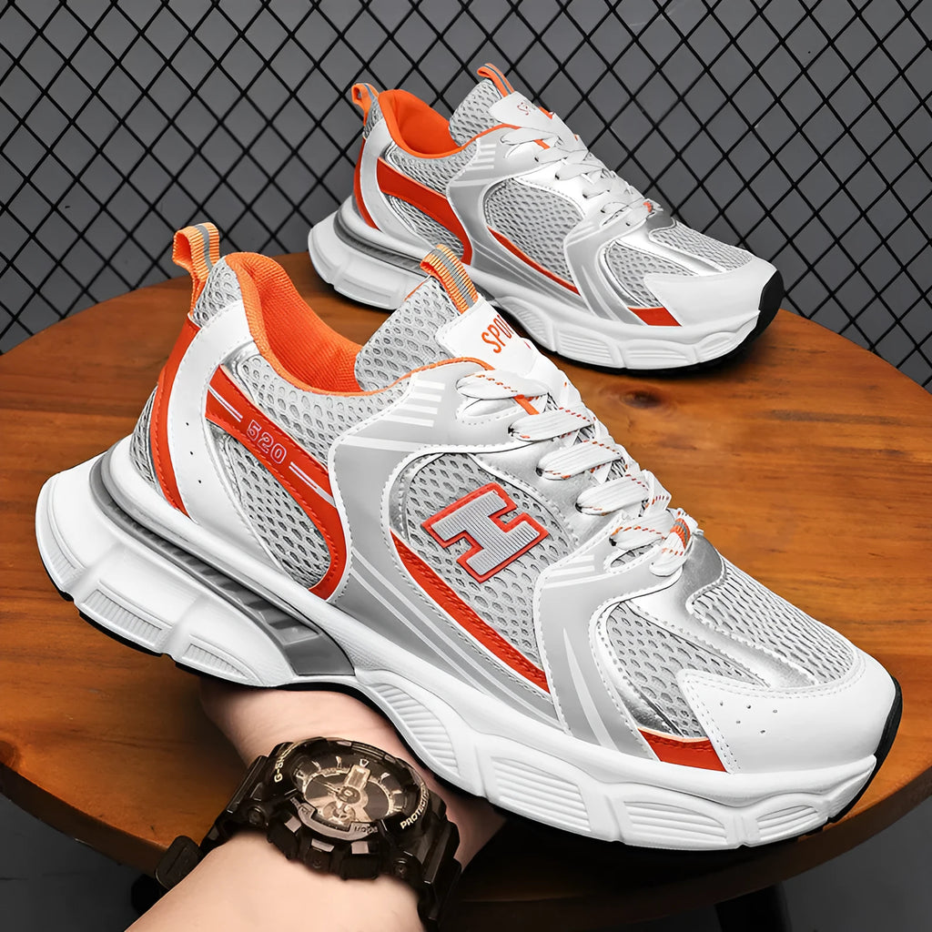 Men's mesh casual running shoes with plastic soles in black, white and gray, or white orange colours