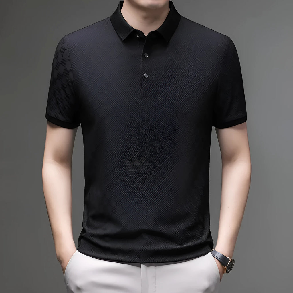 Rhombus thin Ice Silk short sleeve T-shirt in black, showing slit detail and fabric texture.