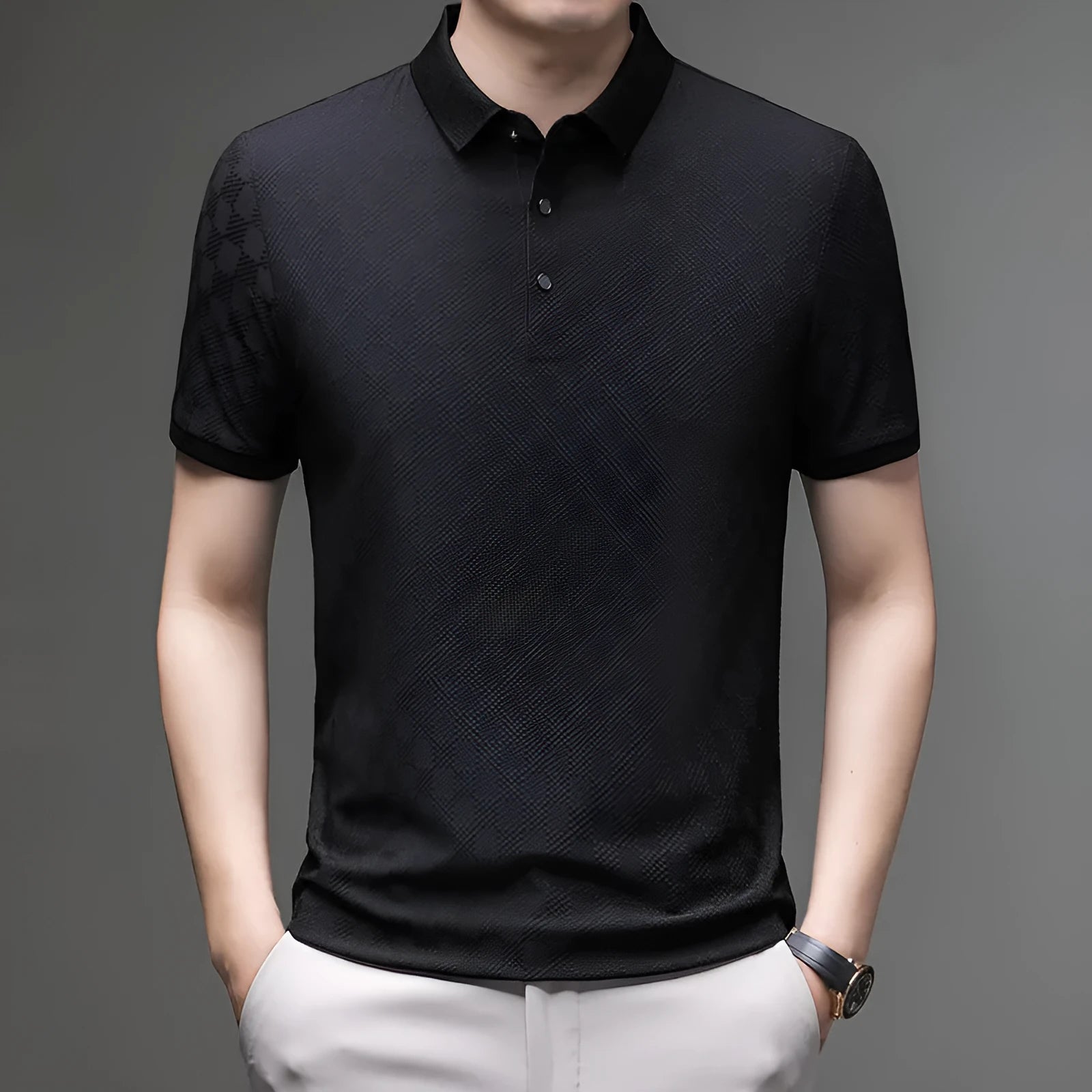 Rhombus thin Ice Silk short sleeve T-shirt in black, showing slit detail and fabric texture.
