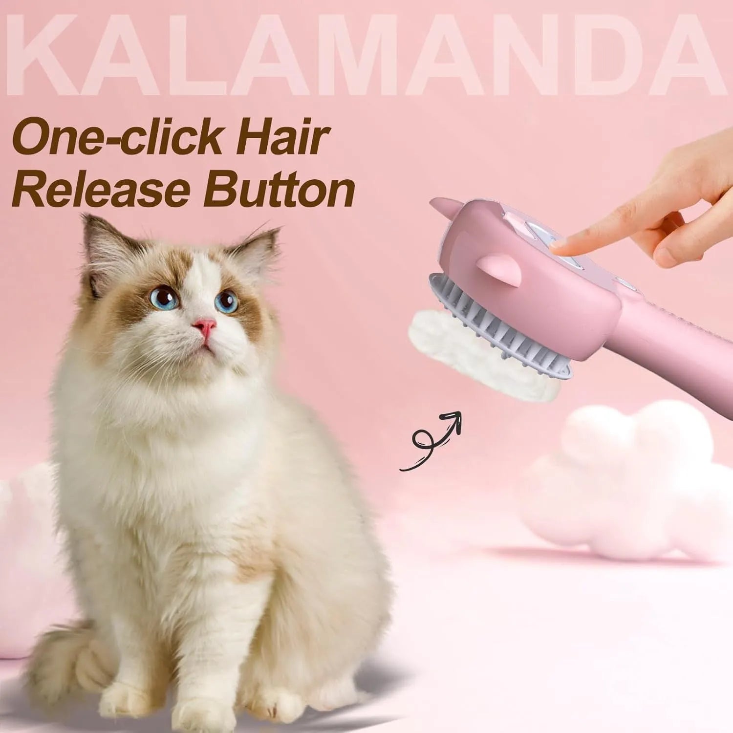 Cat ear-shaped steam brush with soft rubber bristles and release button in blue colour