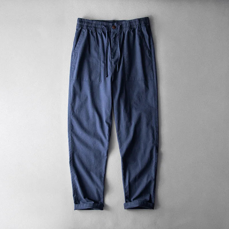 Men's linen casual trousers in navy blue, apricot hemp grey, and grey colours with mid waist design