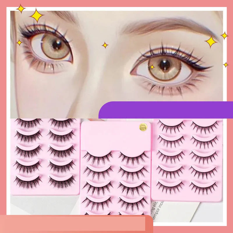 Pack of natural wispy Korean false eyelashes for anime cosplay, showing styles 007, 008, and 009.