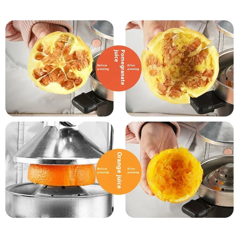 Black cast iron manual juicer with stainless steel strainer on a kitchen counter