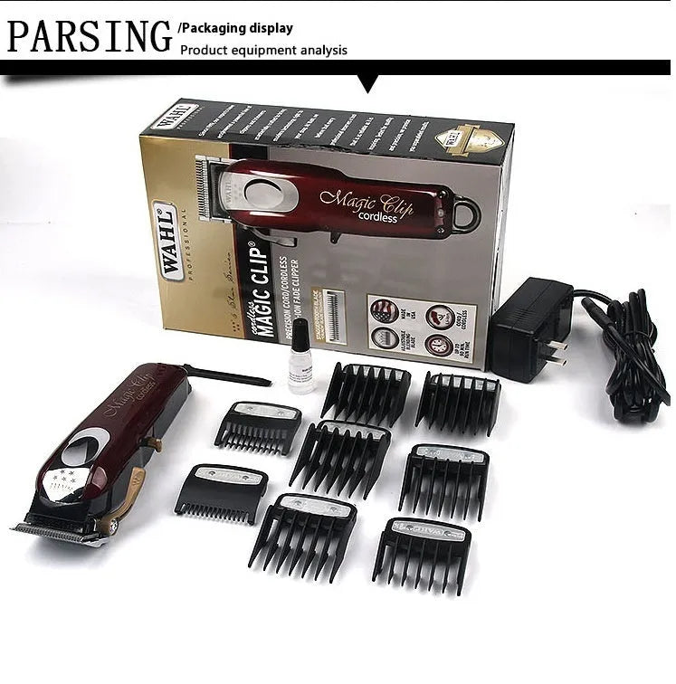 Cordless charging hair clipper with stainless steel blade and EU UK US plug adaptors