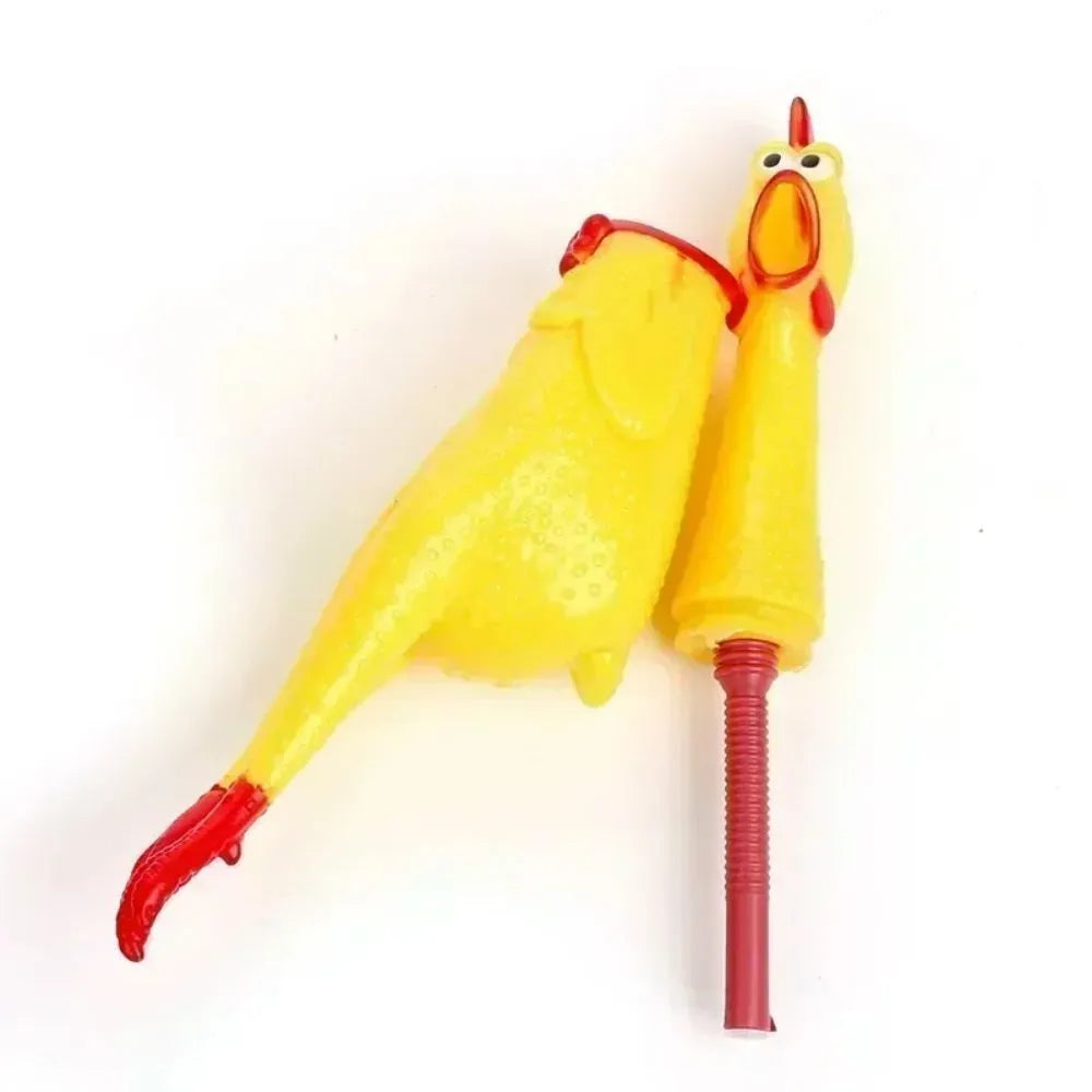 Yellow rubber screaming chicken dog squeak chew toy shown in small, medium, and large sizes.