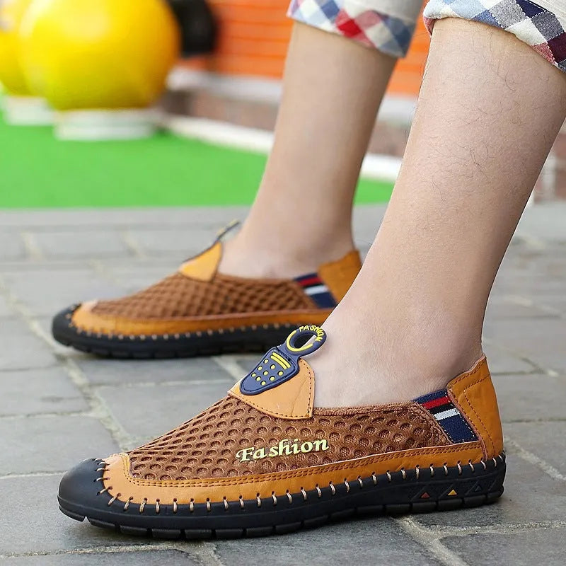 Men's brown breathable mesh casual shoes with round toe and rubber sole.