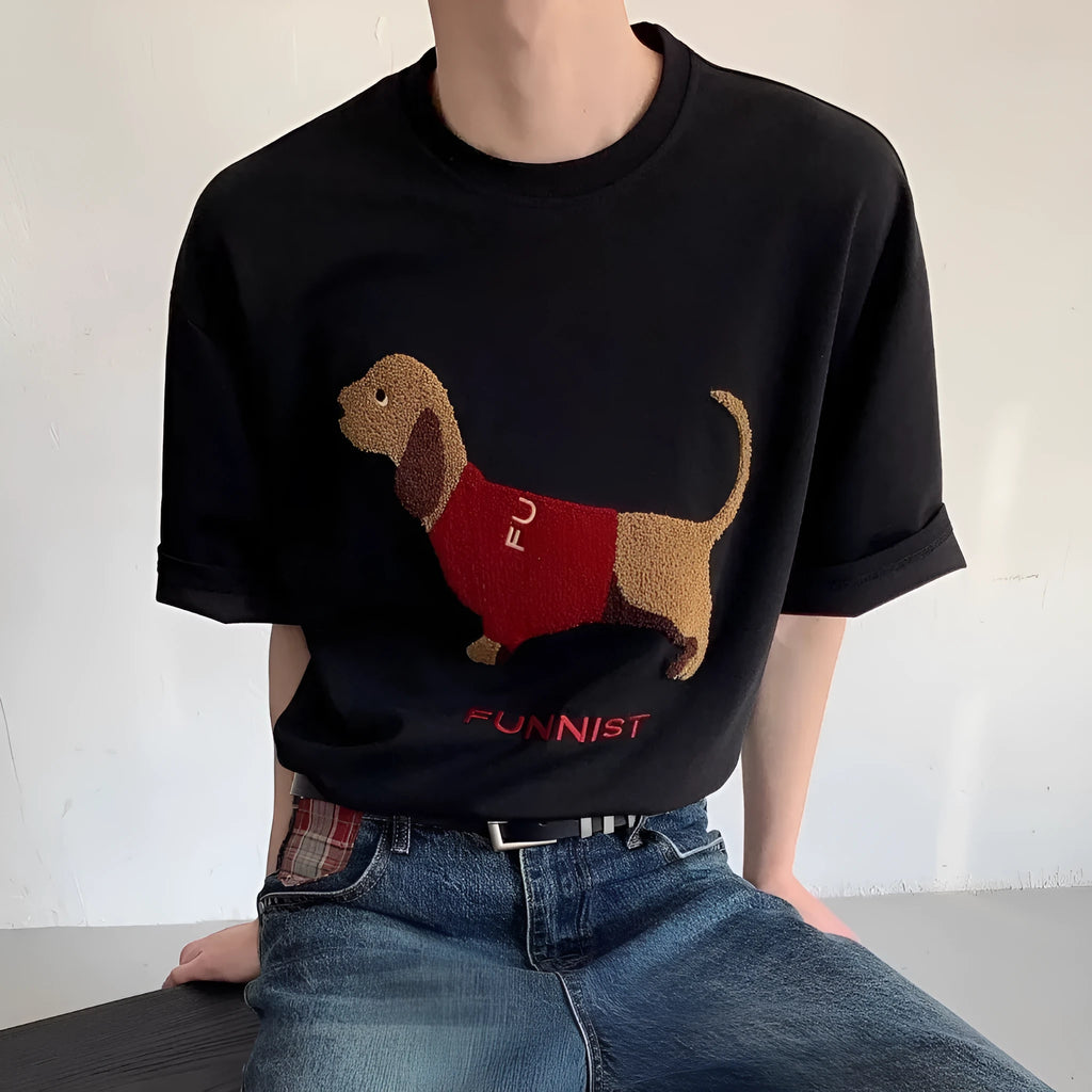 Men's grey t-shirt with embroidered sausage dog design on chest, round neck, short sleeves.