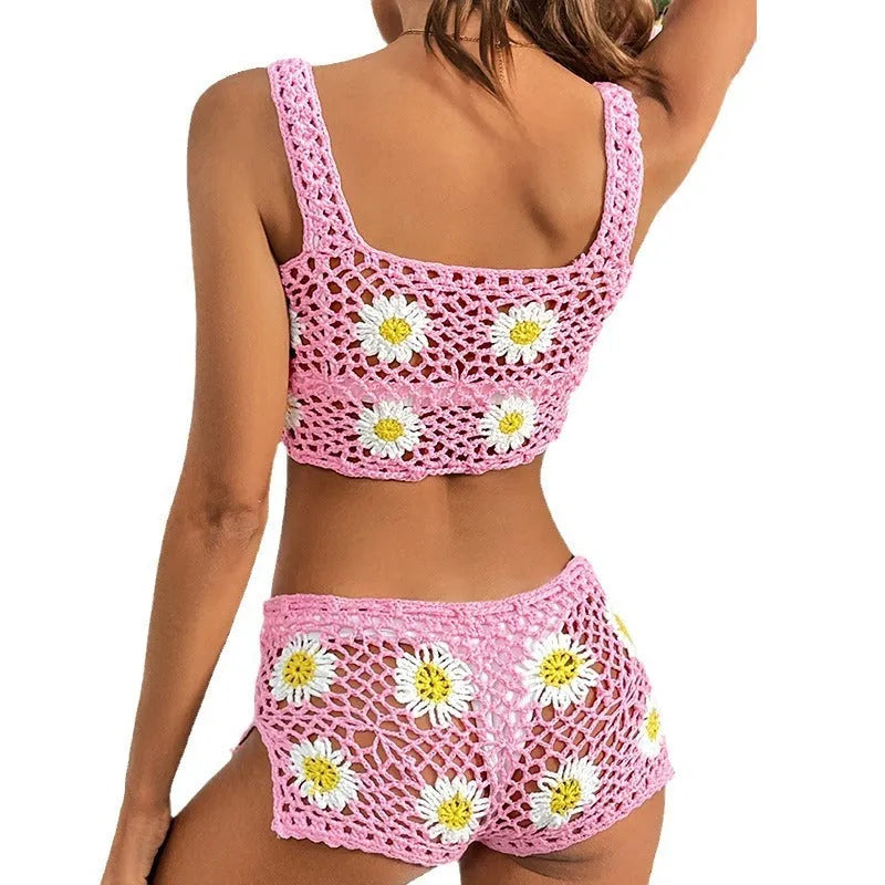 Floral patterned vest bikini swimsuit set in light green or pink hollow yarn acrylic fabric