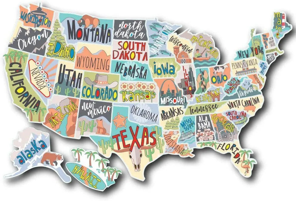 Travel-themed car sticker set with map graphics and vinyl lettering for vehicle decoration