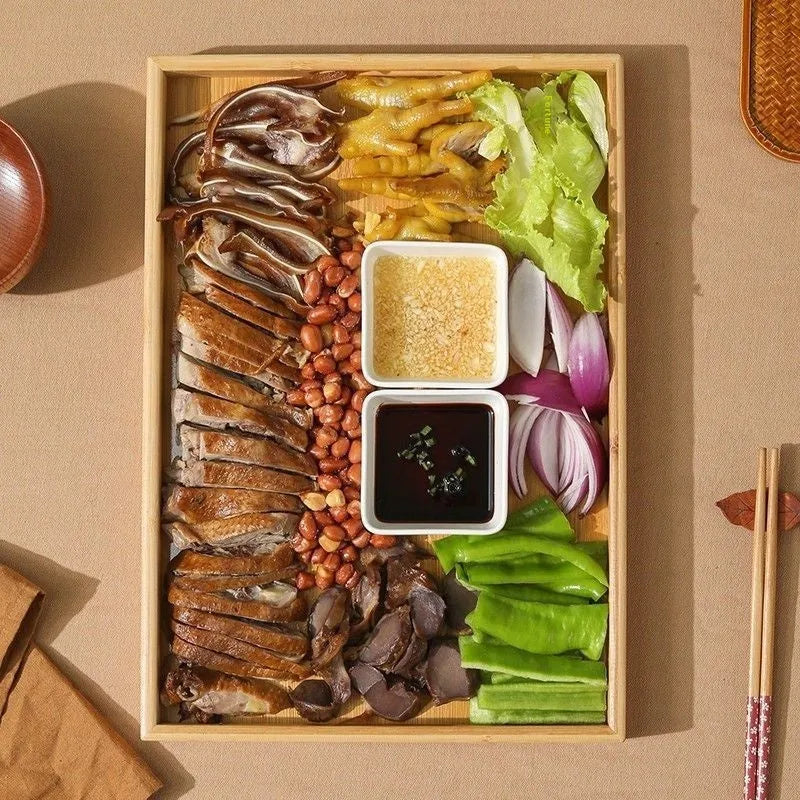 Brown handle bamboo square serving tray for barbecue shops and hospitality use