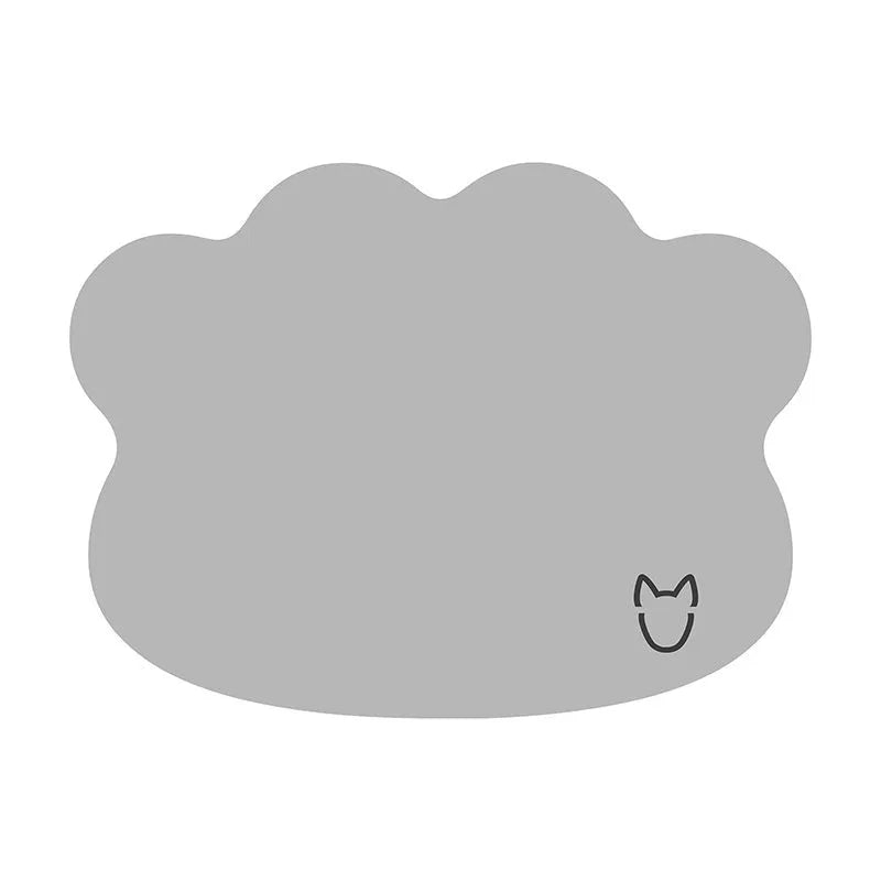 Ice silk dog cooling mat with dog head pattern in light grey, showing non-slip base and rectangular shape.