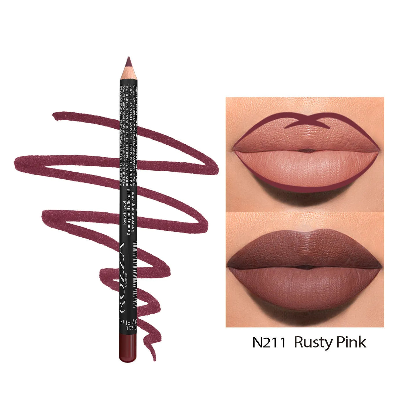 Matte lip liner in wood finish showing rich colour payoff with 14 shade options from 201 to 214