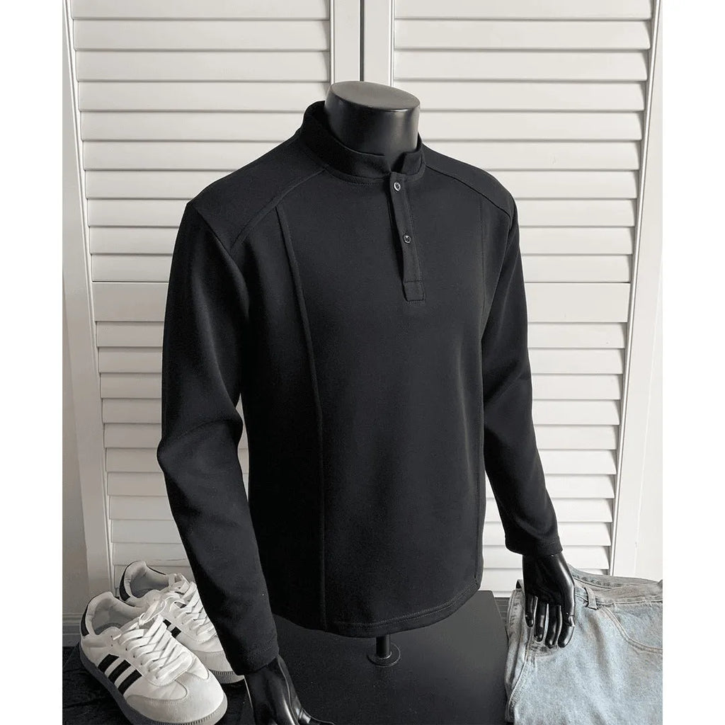 Men's polo shirt with stand-up collar and patchwork shoulder detail in loose fit