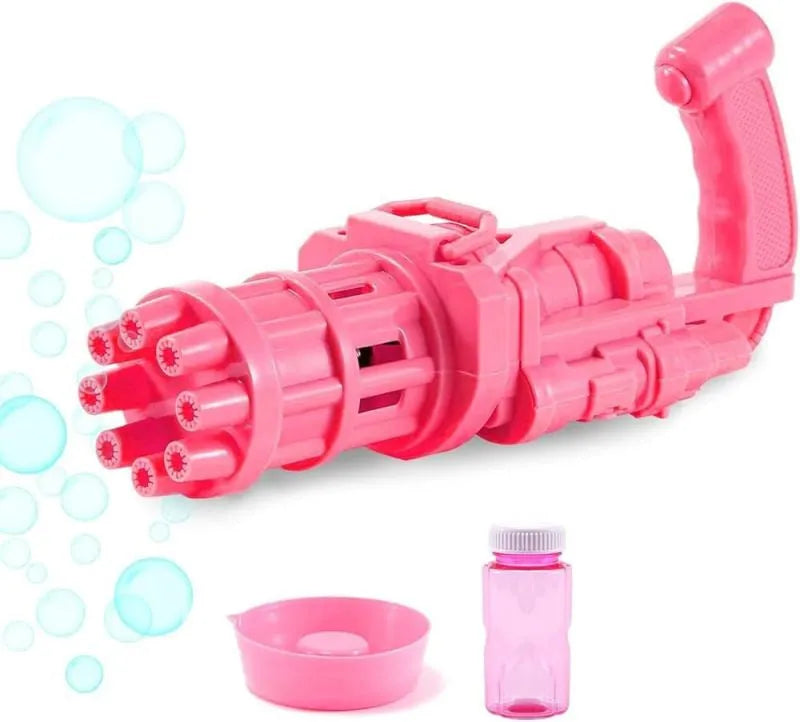 Kids plastic bubble machine gun toy in pink, gold or black colour with trigger.