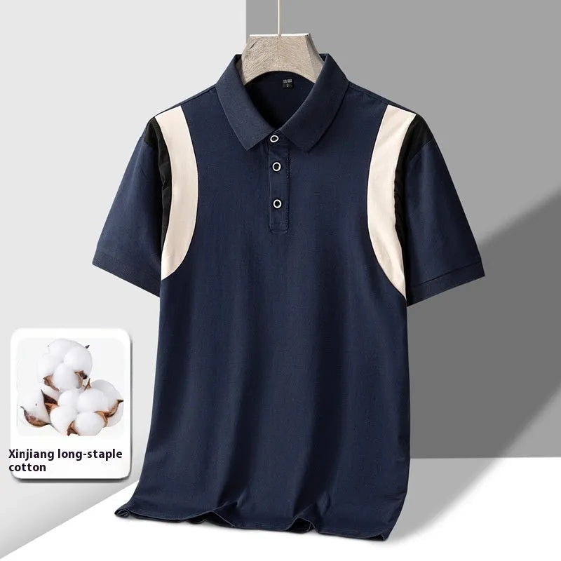Men's striped cotton t-shirt with business lapel and Korean-style loose fit in summer colours