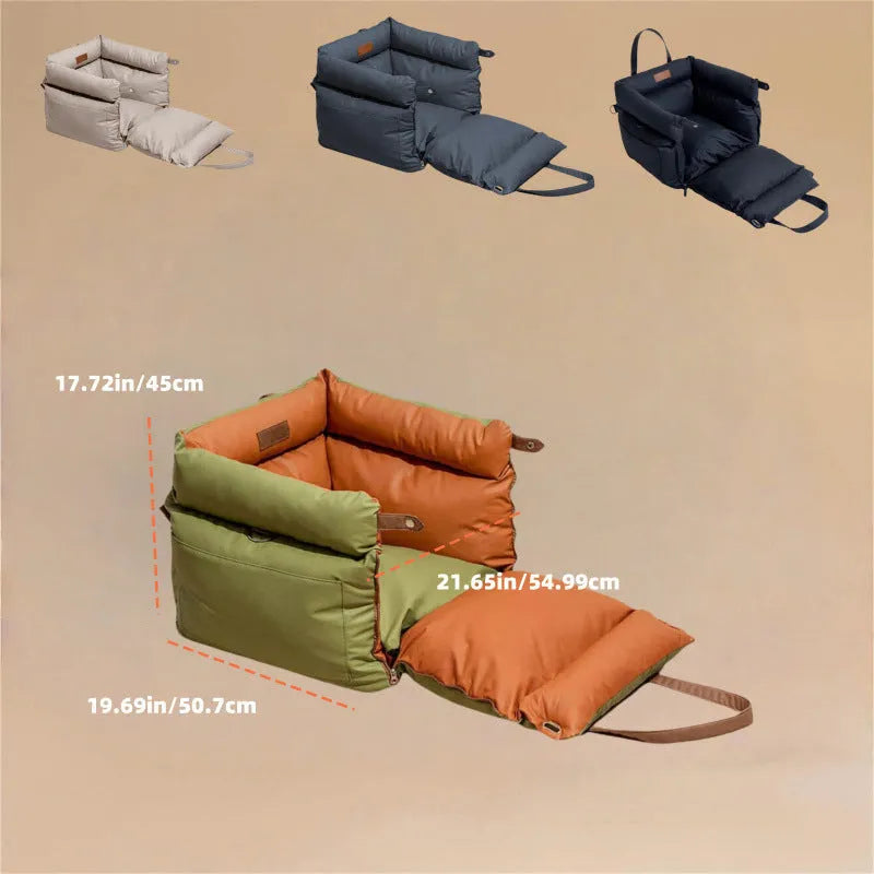 Green waterproof dog car bed with removable washable cover, shown on a car seat.