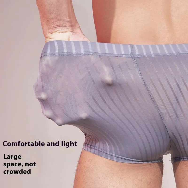 Men's striped underwear set in black, white, and dark grey colours showing thin transparent nylon fabric