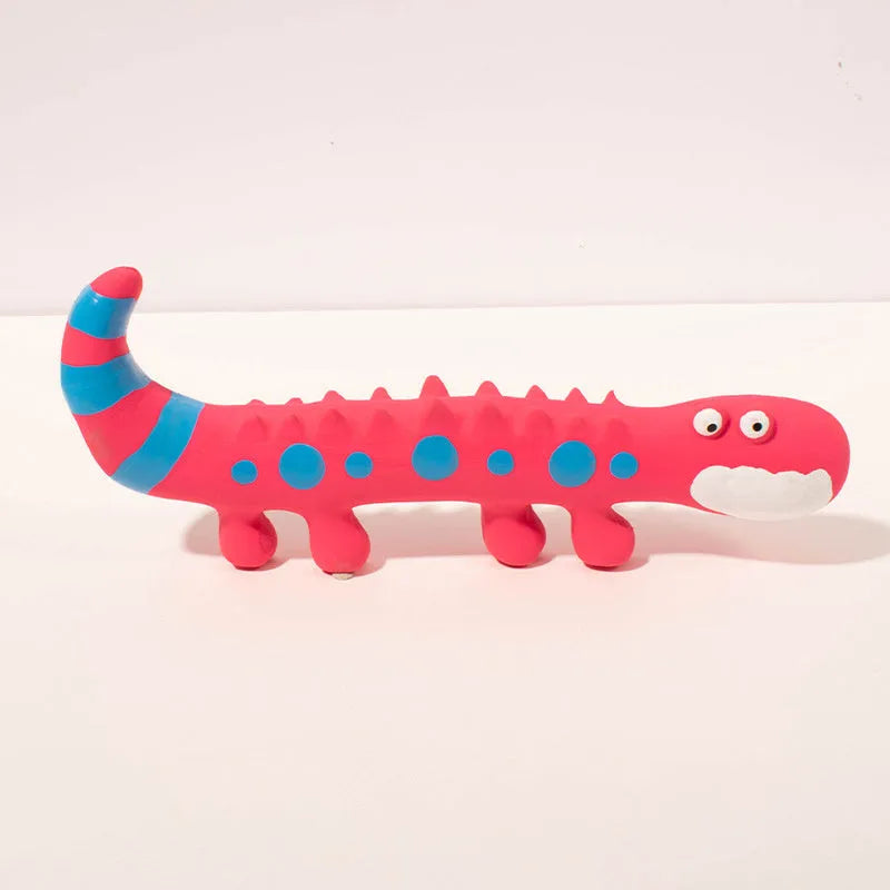Green cartoon lizard shaped latex dog chew toy with squeaker for aggressive chewers