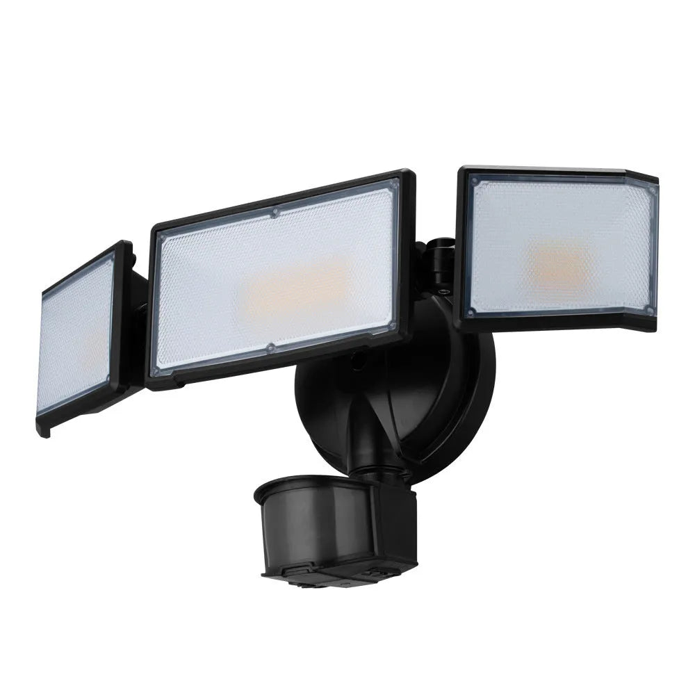 120V LED security flood light with motion sensor in white or black finish for outdoor wall or ceiling mounting