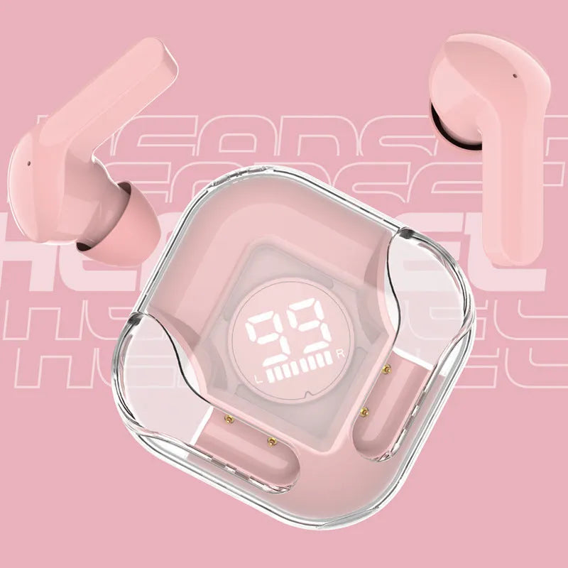 Transparent TWS wireless Bluetooth earbuds showing internal components in one of five colour options