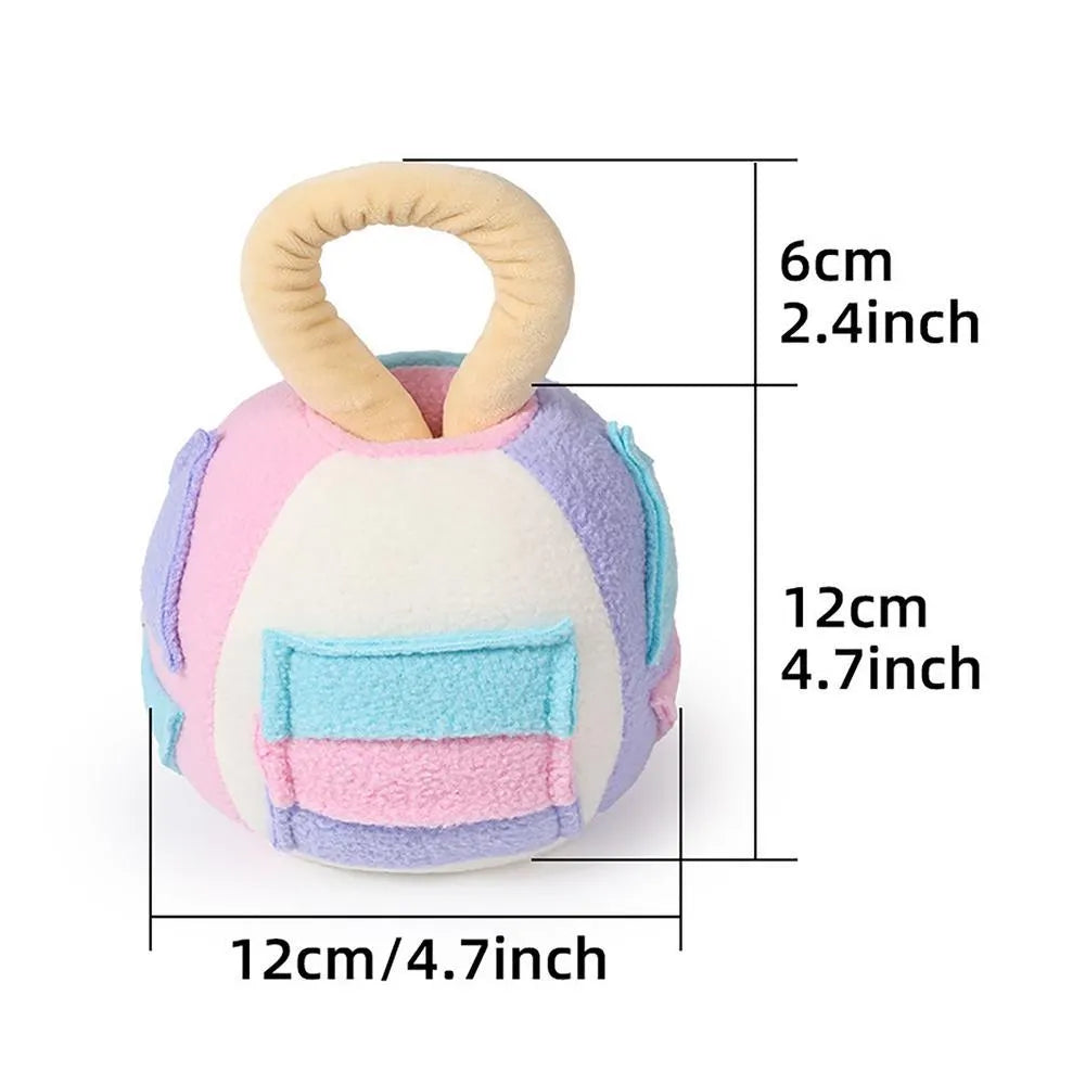 Green or pink plush squeaky ball dog toy with treat pockets for small to medium dogs