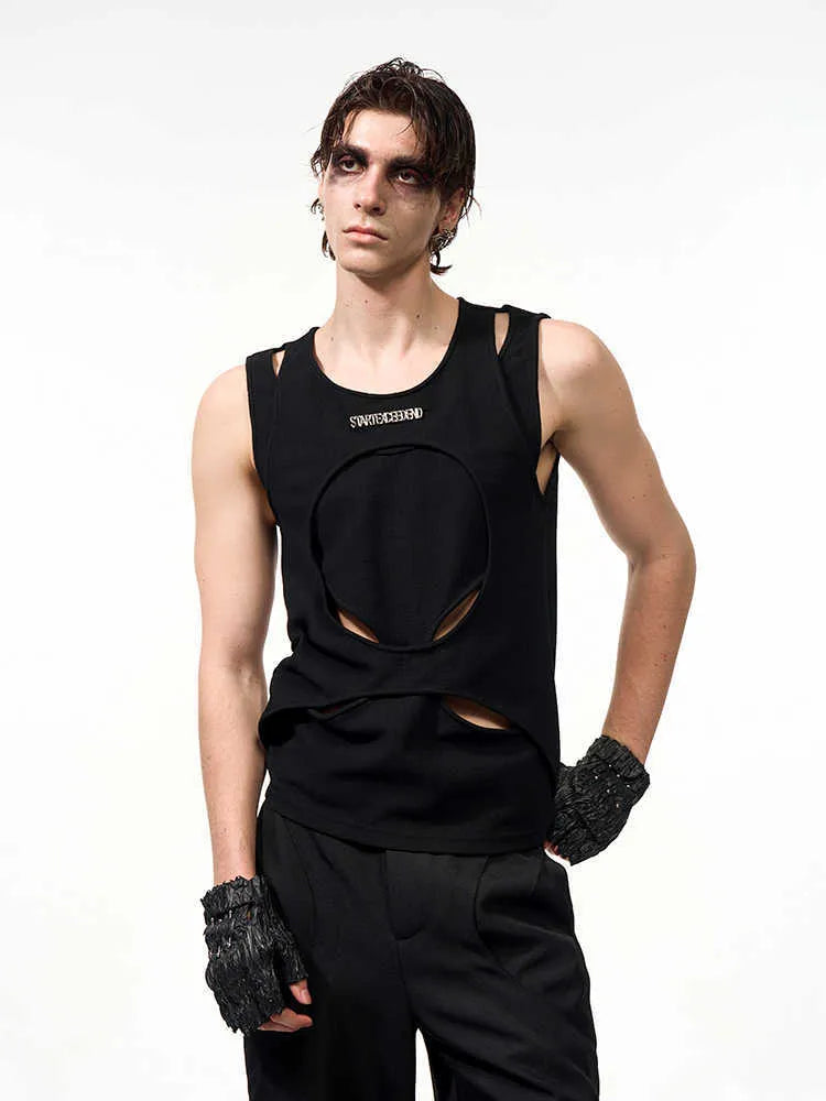Men's sleeveless waistcoat vest in black or white with round neck and hollow thread construction