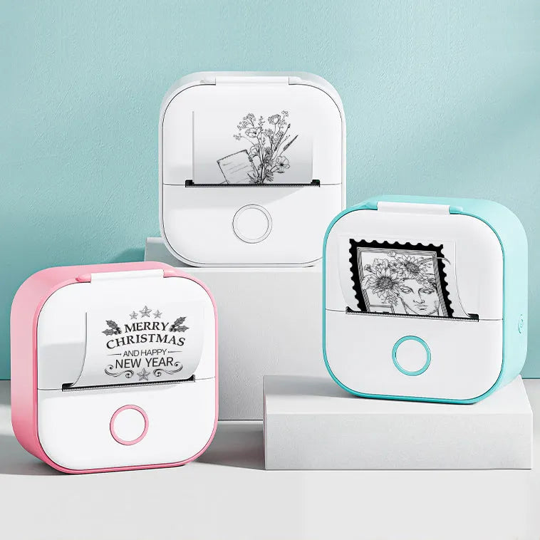 Phomemo T02 mini thermal label printer in white with Bluetooth icon and thermal paper roll, compact 87mm x 90mm x 40mm